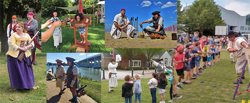 image collage of people in period dress interacting with members of the public