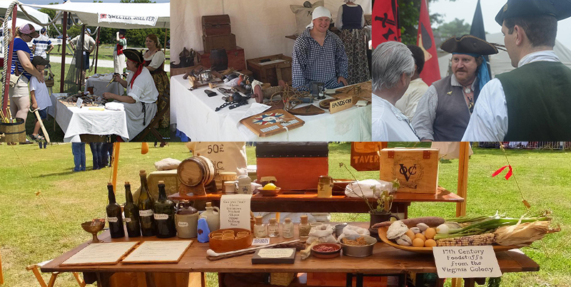 image collage of people in period dress displaying period items to the public